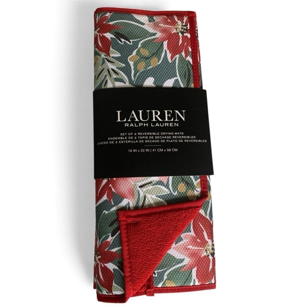 Ralph Lauren Reversible Dish Drying Mat 2 Set, Holiday Poinsettia Red/Green, NWT